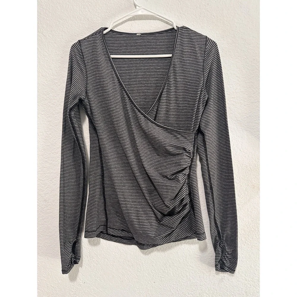 Lululemon  Sunset Salutation Long Sleeve Top Gray Stripe Faux Wrap V Neck